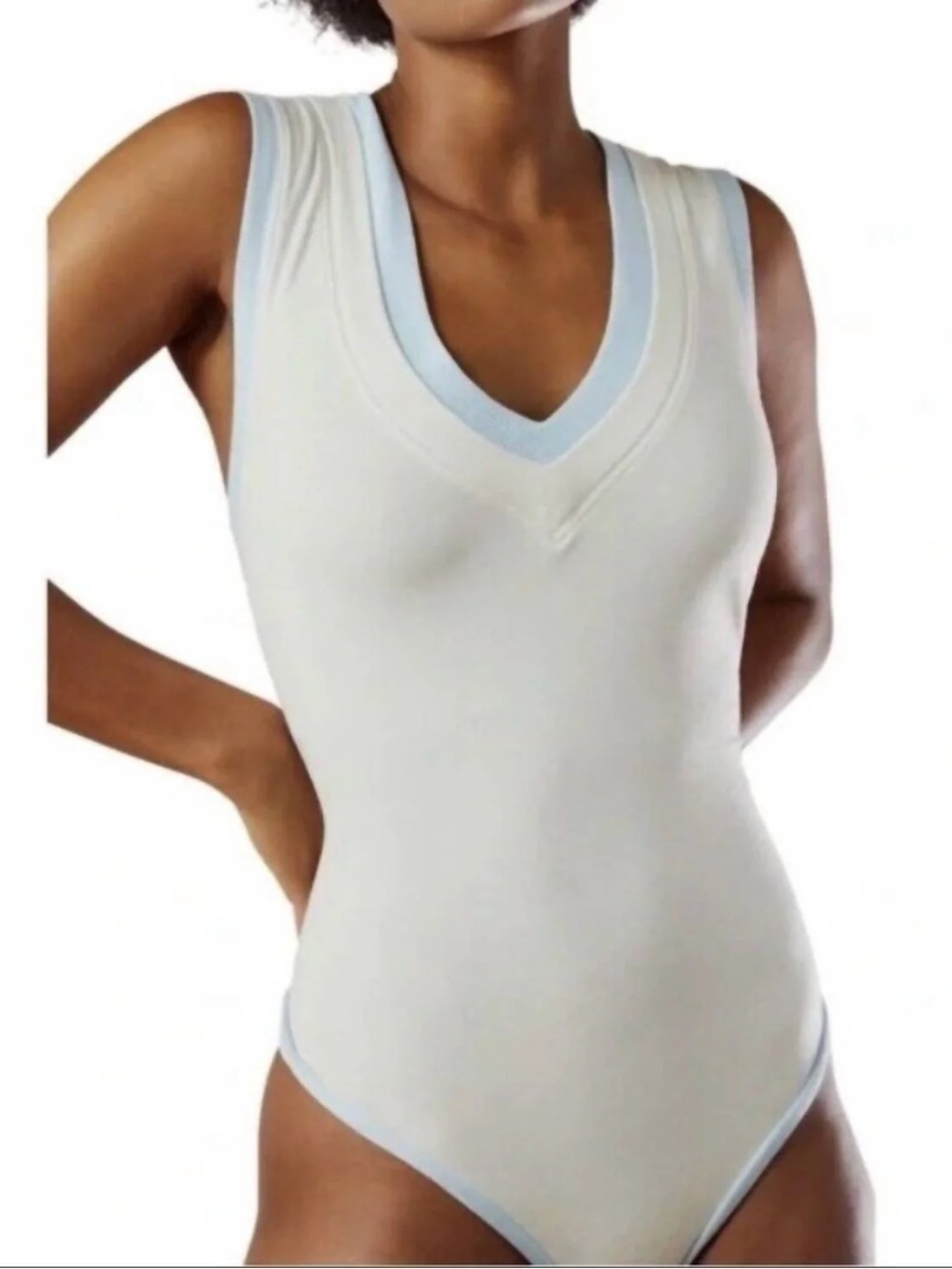 FREE PEOPLE COZY GIRL V-Neck Sleeveless Bodysuit in Cream with Light Blue Trim